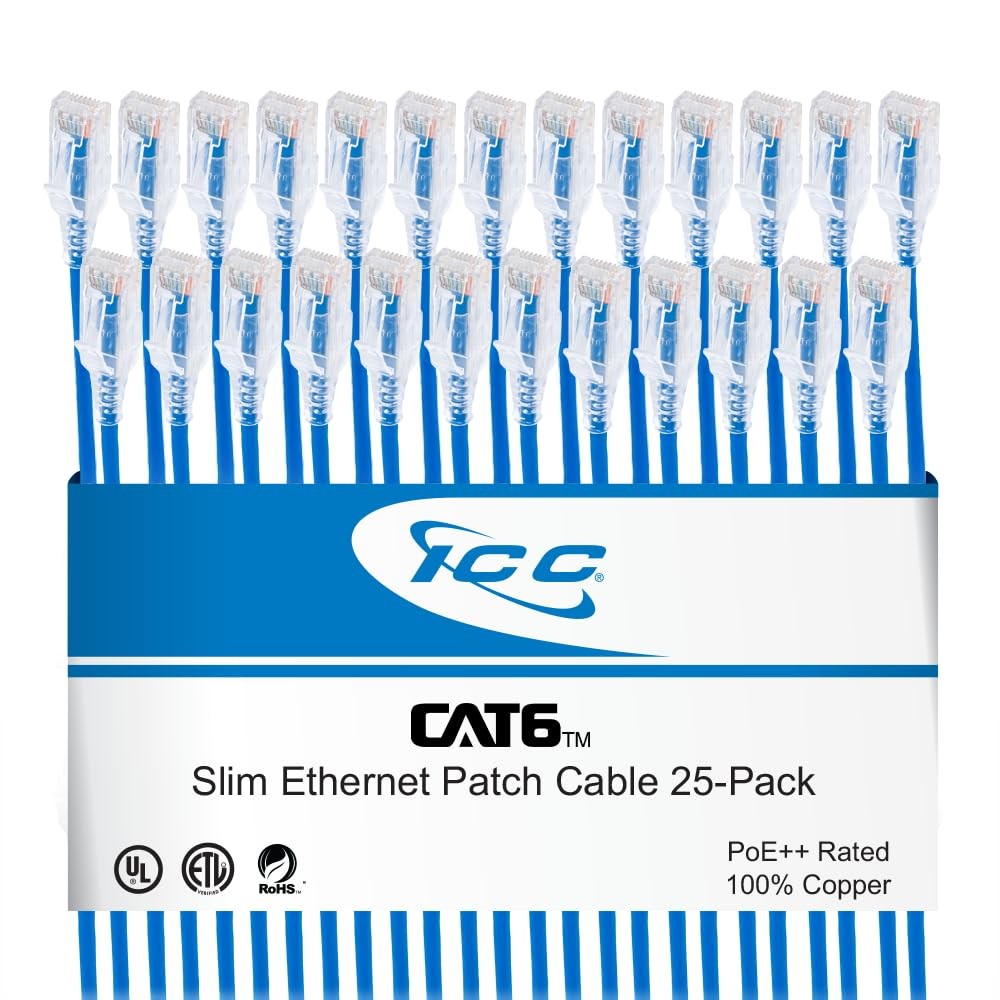 ICC CAT6 Slim Ethernet Patch Cord with Clear Boot Strain Relief, RJ45, Strand...