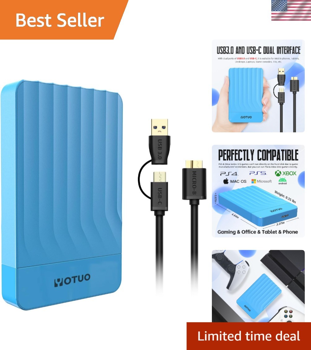 500GB Portable External Hard Drive with USB 3.0 & USB-C, Ideal for Gaming & Work