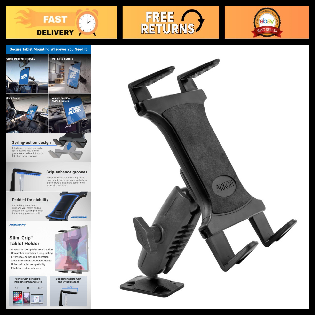 Heavy-Duty Tablet Mount with Drill Base for Vehicles, Desks & Workstations - Fit