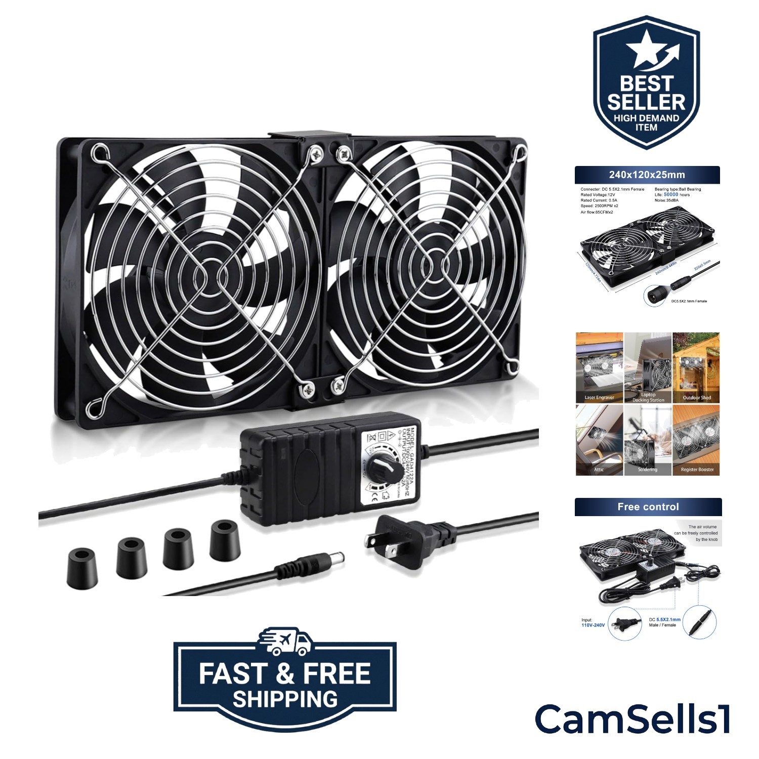 2 x 120mm 240mm Computer Fan with AC Plug Cabinet Fan 110V 240V | Dual Ball B...