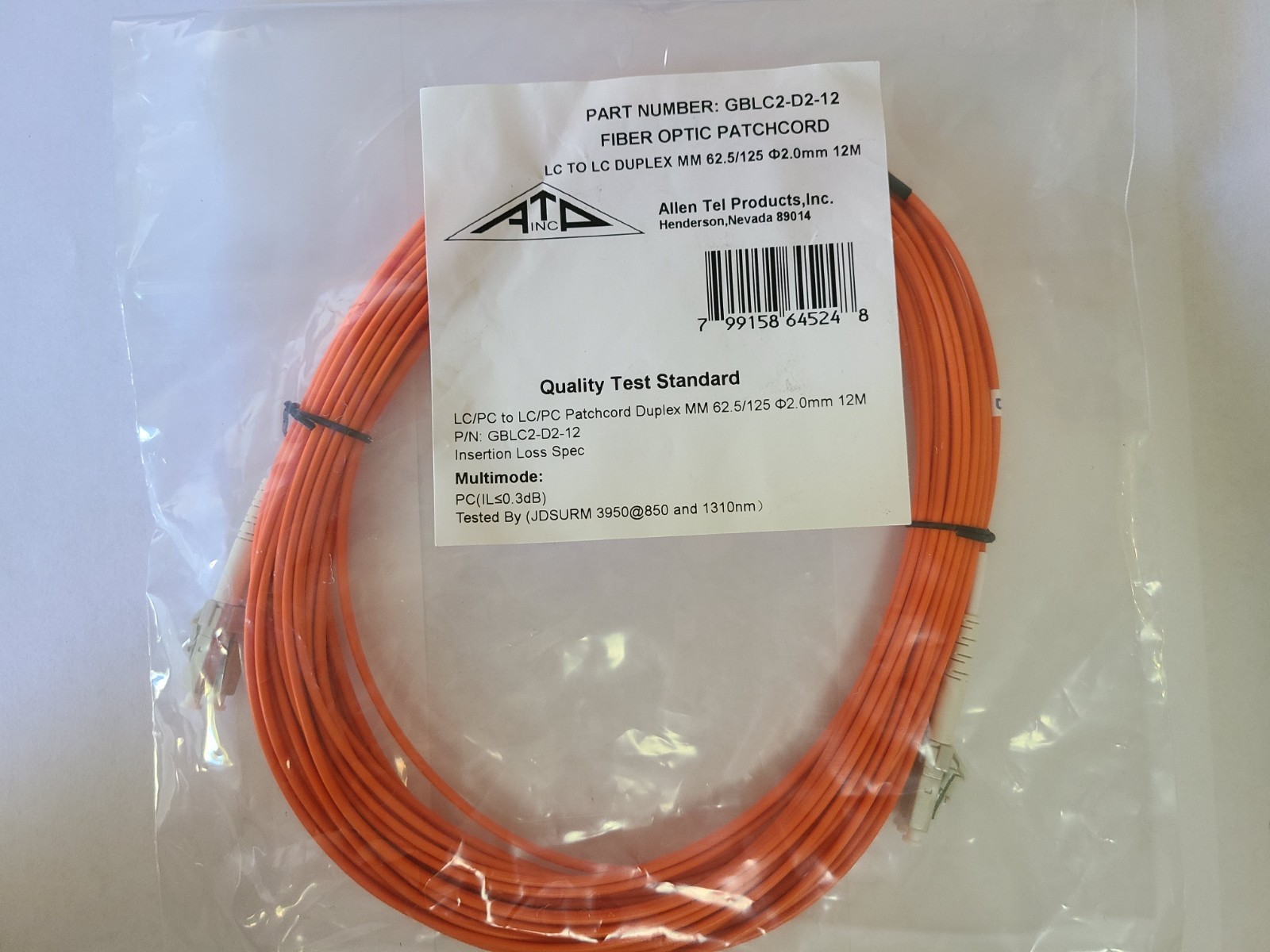 Allen Tel Products GBLC2-D2-12 - OM1 Multi-mode Fiber - LC-LC - 12m
