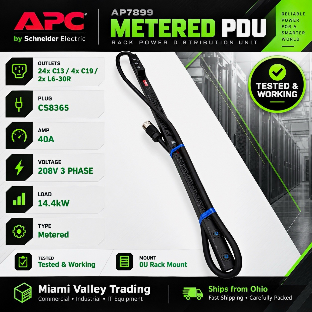 Lot of 10 APC AP7899 Metered Rack PDU 208V 3-Phase 40A 14.4kW 0U CS8365 Tested