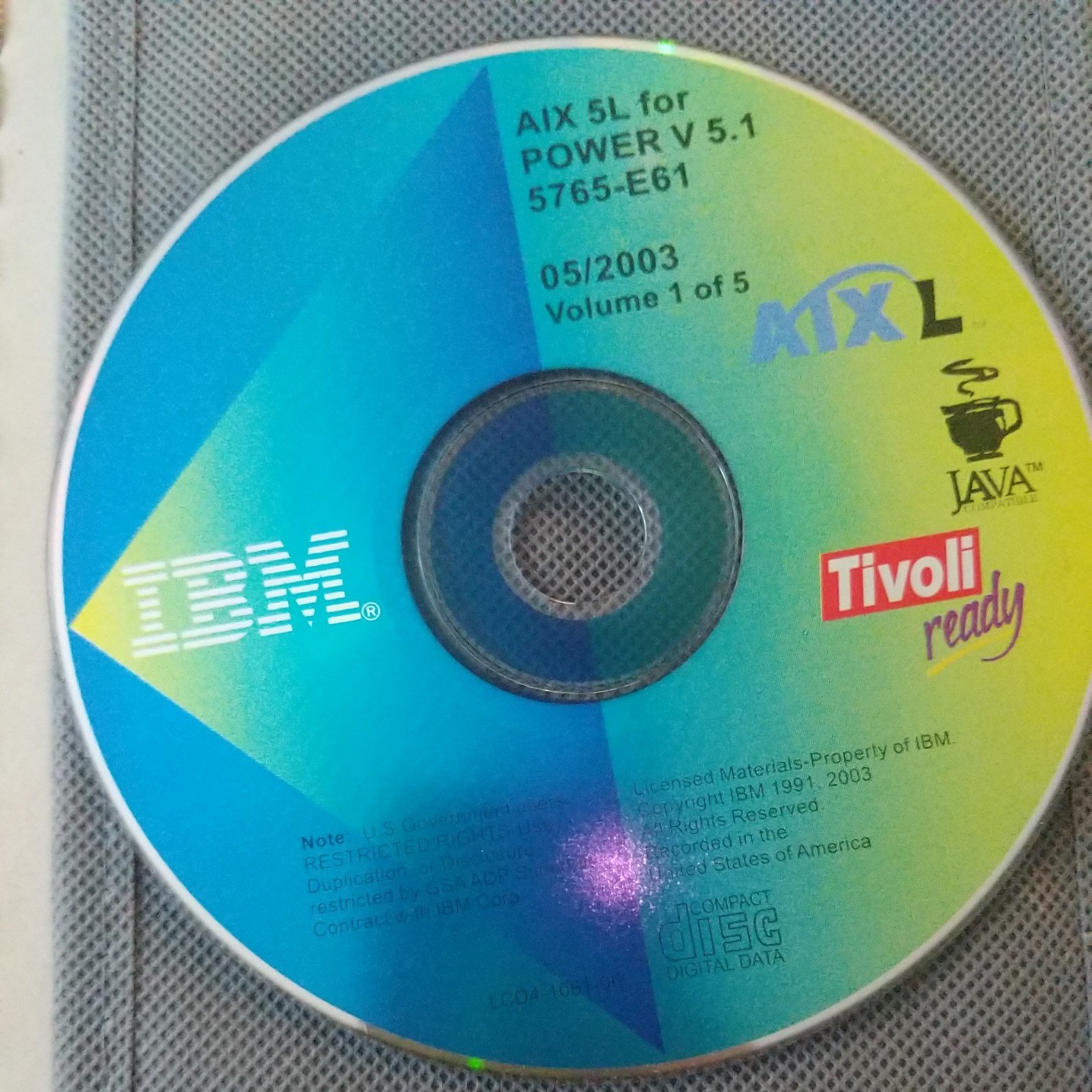 IBM AIX 5L for POWER v5.1 5765-E61 05/2003 Vol 1 & 5 of 5 CD Tivoli Ready 2 CD's