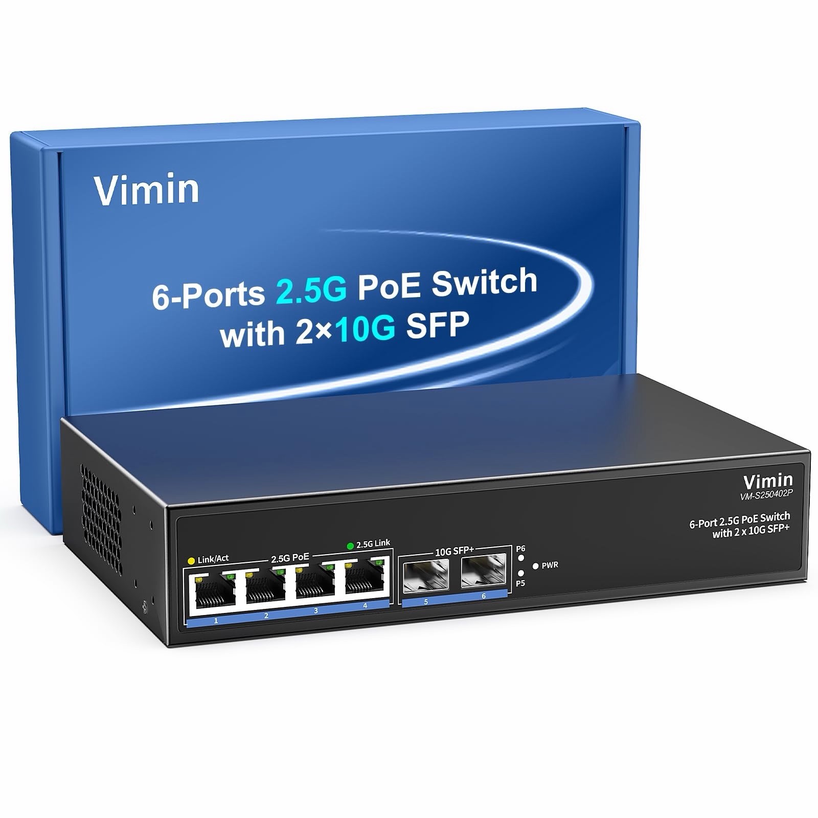 VIMIN 6-Port 2.5G PoE Switch Unmanaged, 4X 2.5Gbase-T Poe Ports, 2X 10Gbps SFP