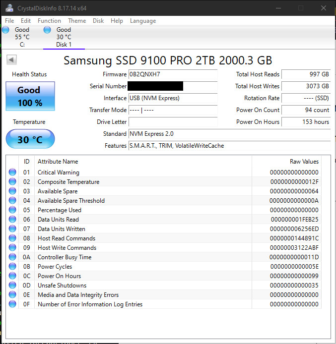 100% life Samsung 9100 PRO PCIe 5.0 x4 NVMe M.2 2TB Internal