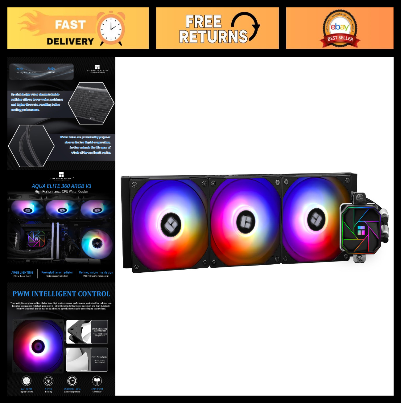 High-Performance 360mm Water Cooling CPU Cooler, 3 PWM ARGB Fans, AMD/Intel Comp