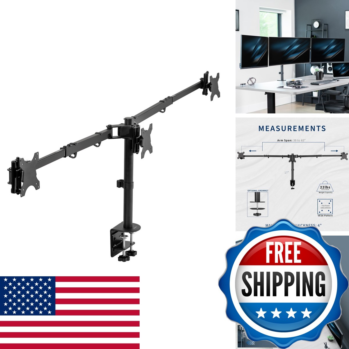 VIVO Black Triple Monitor Desk Mount for 38in Ultrawides STAND-TS03C