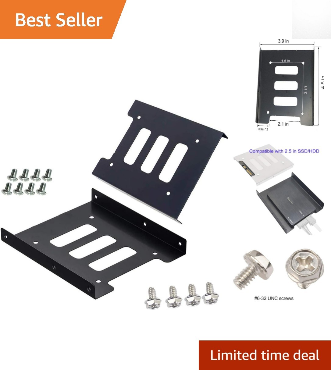 Lightweight Black Metal SSD/HDD Adapter Bracket - 2 Pack for Easy Install