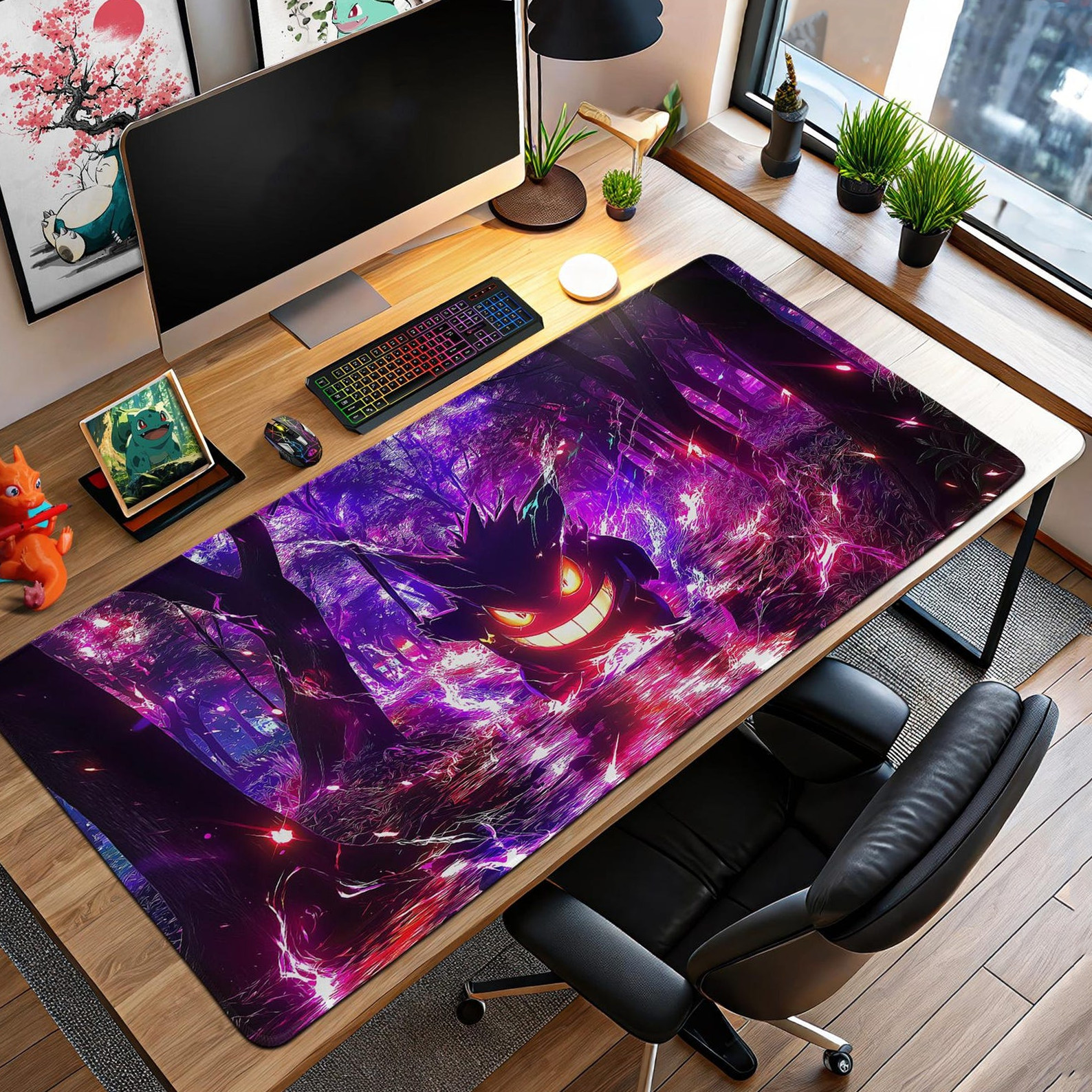 Neon Gengar in Haunted Forest Mouse Pad, Ghost Pokémon Desk Mat Spooky Gaming P5