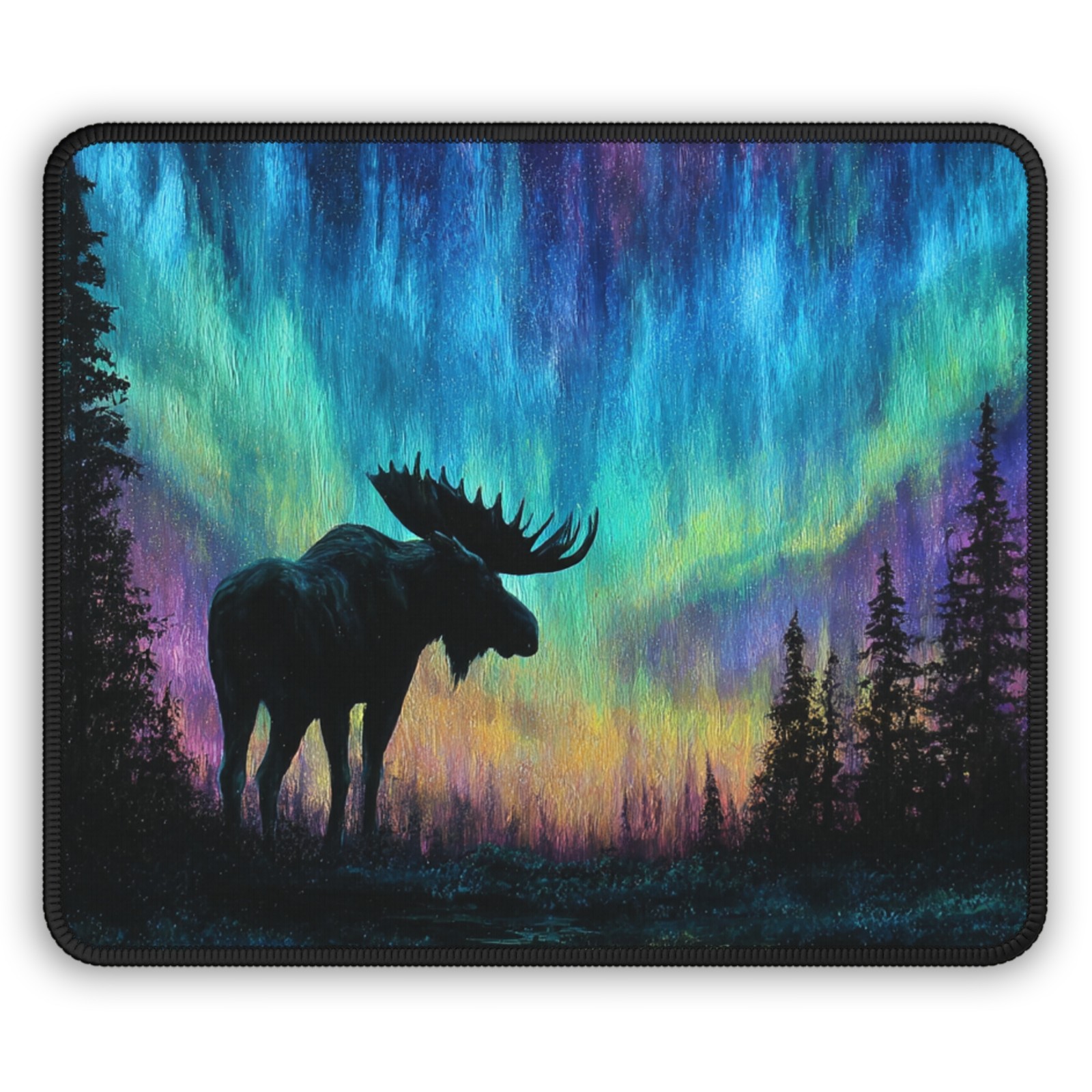 Northern Lights Moose Gaming Mouse Pad | Aurora Forest Desk Mat