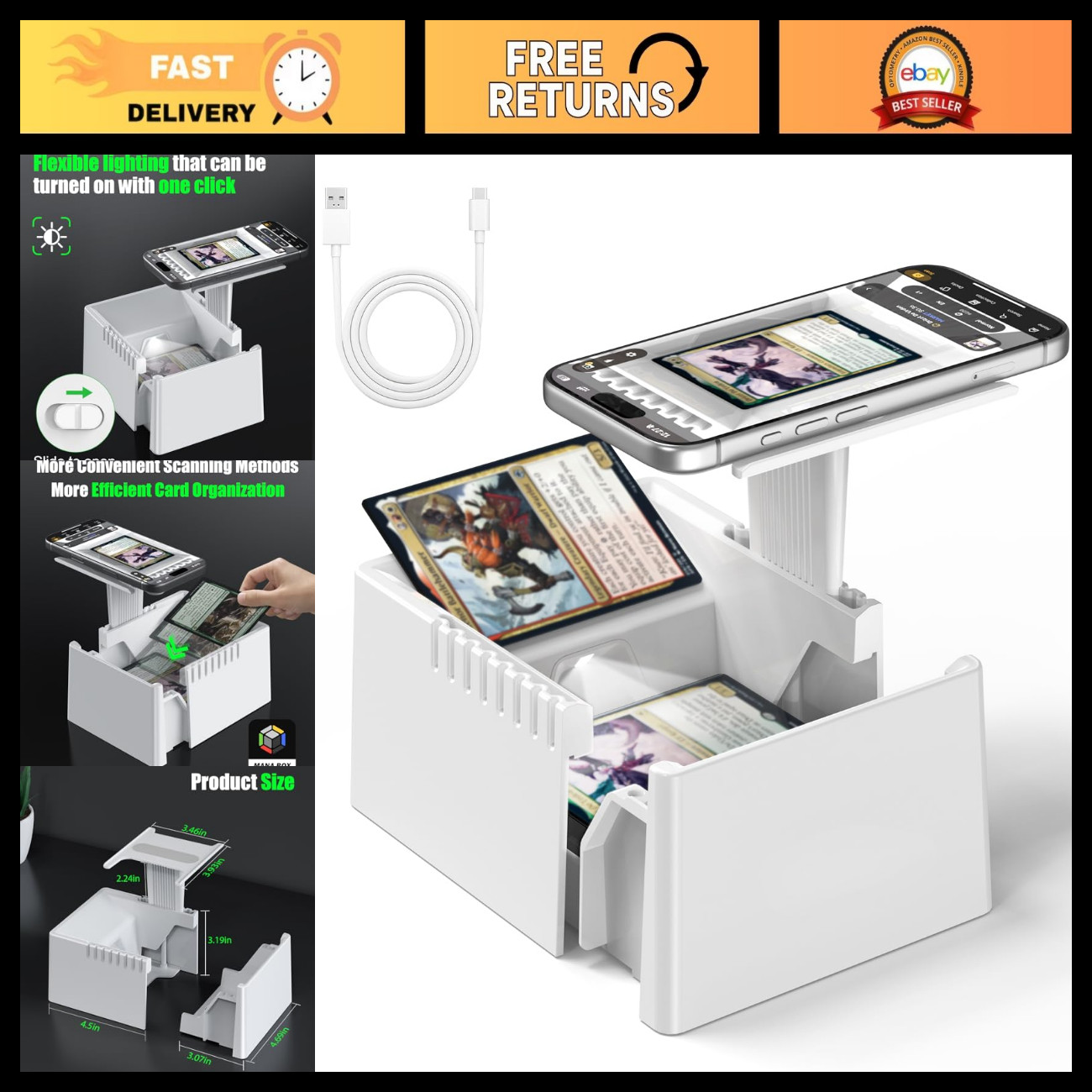 Trading Card Scanner Stand with LED Light, Magnetic Base for MTG & TCG, Fast Uns