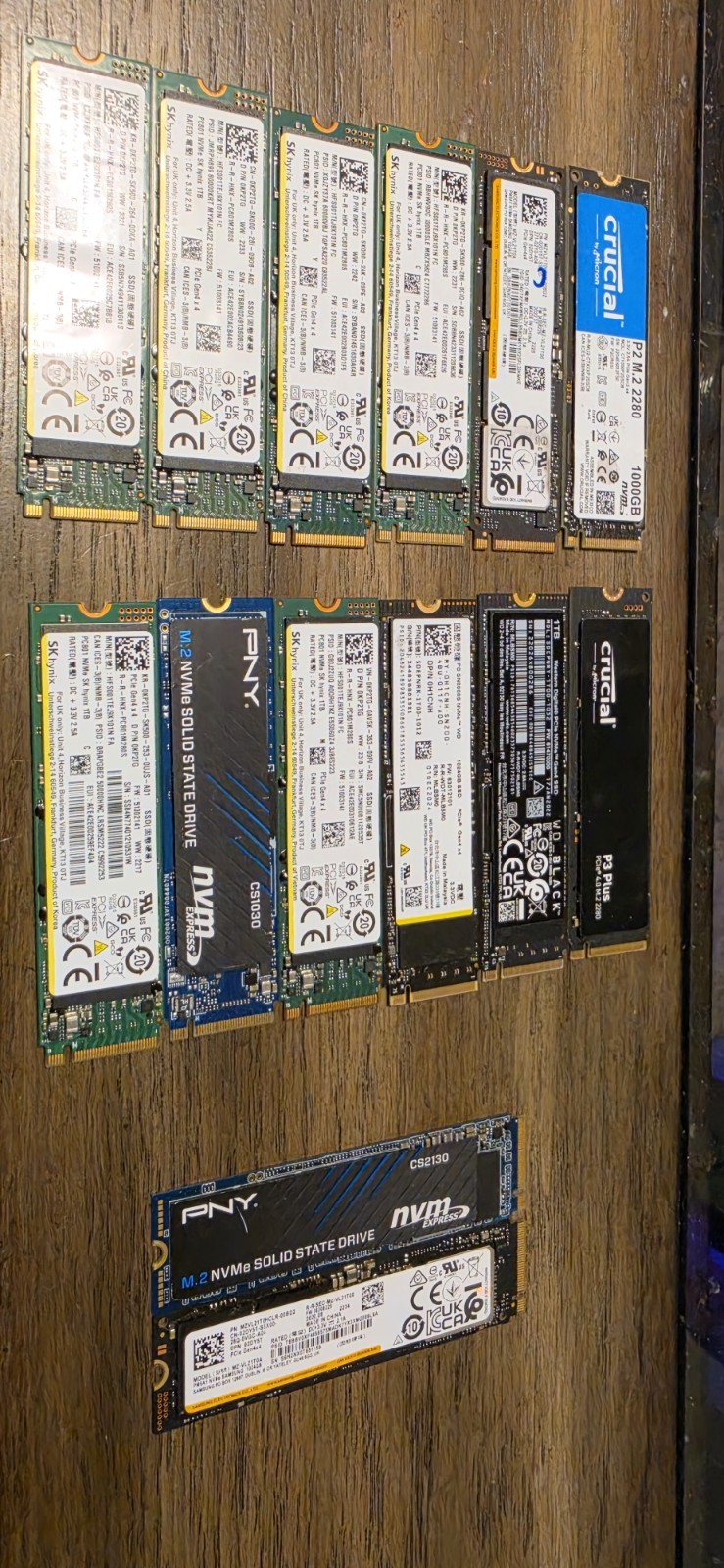 LOT OF 14 Mixed Major Brand 1TB NVMe PCIe Gen3 x4 M.2 Solid State Drive