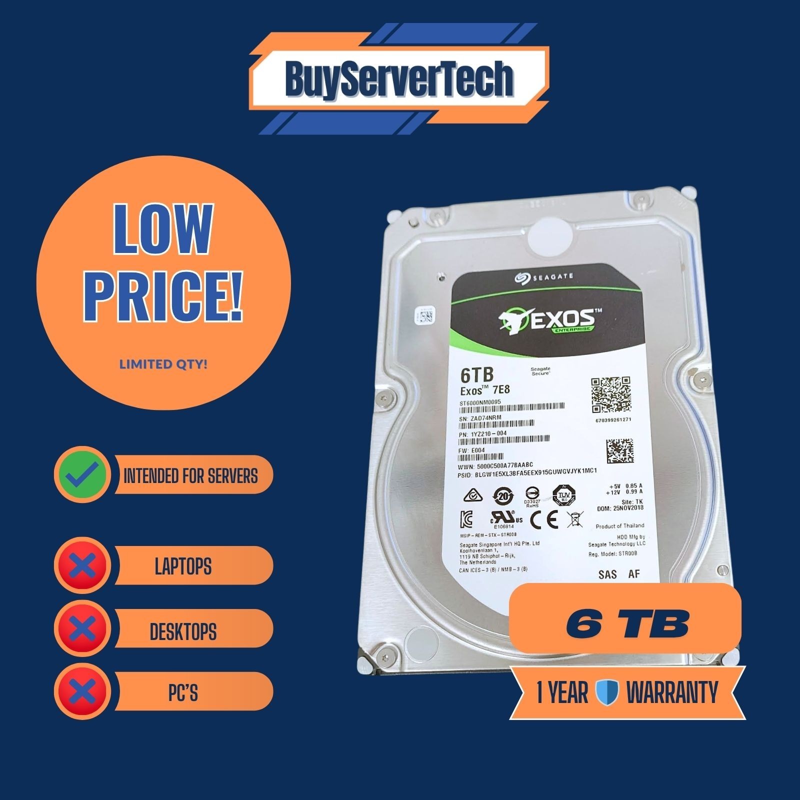 Seagate EXO 7E8 ST6000NM0095 6TB 7.2K 12Gbps 256MB Cache 3.5" SAS HDD