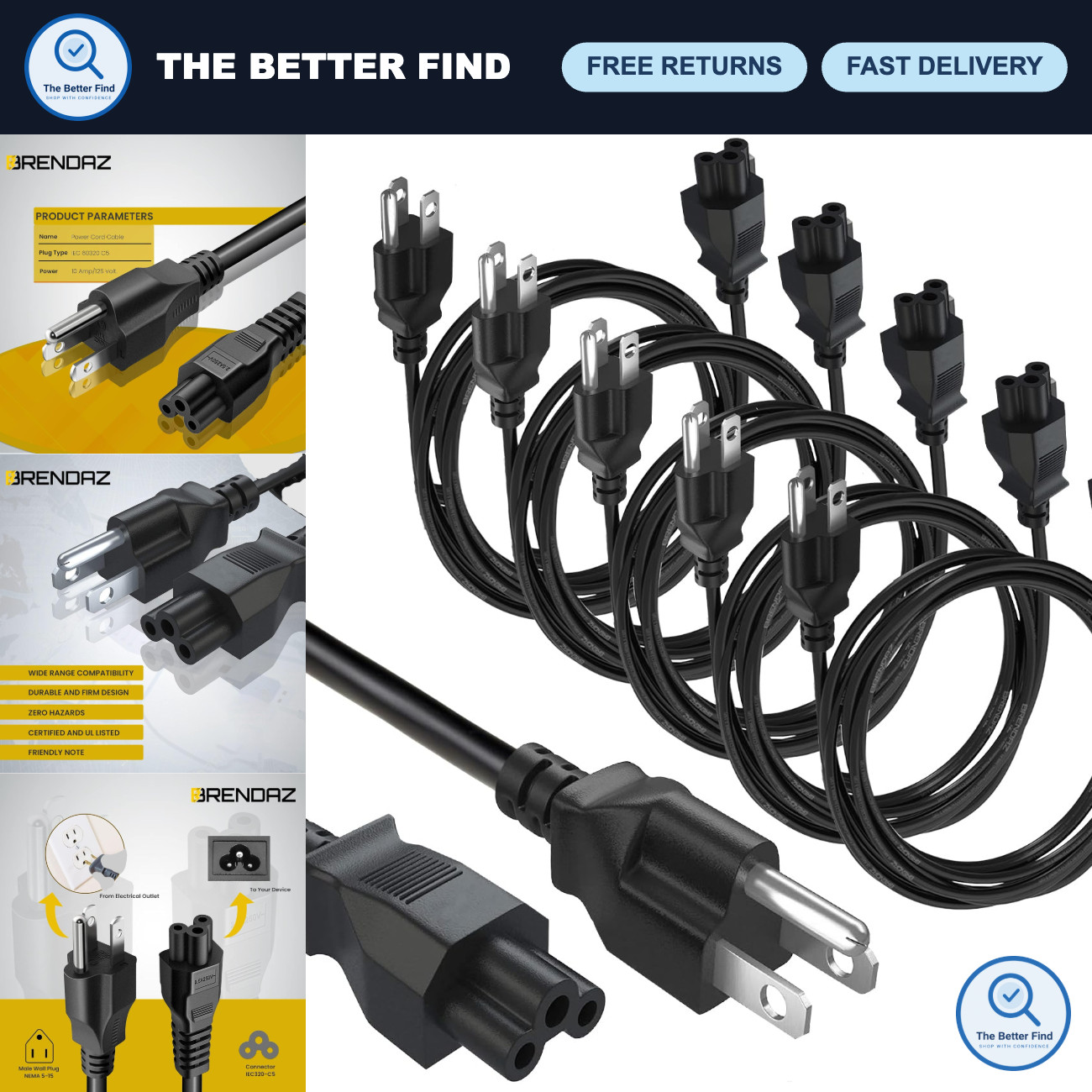 5-Pack 10ft 3 Prong Power Cord - AC Replacement Cable for TV, Monitors, Computer