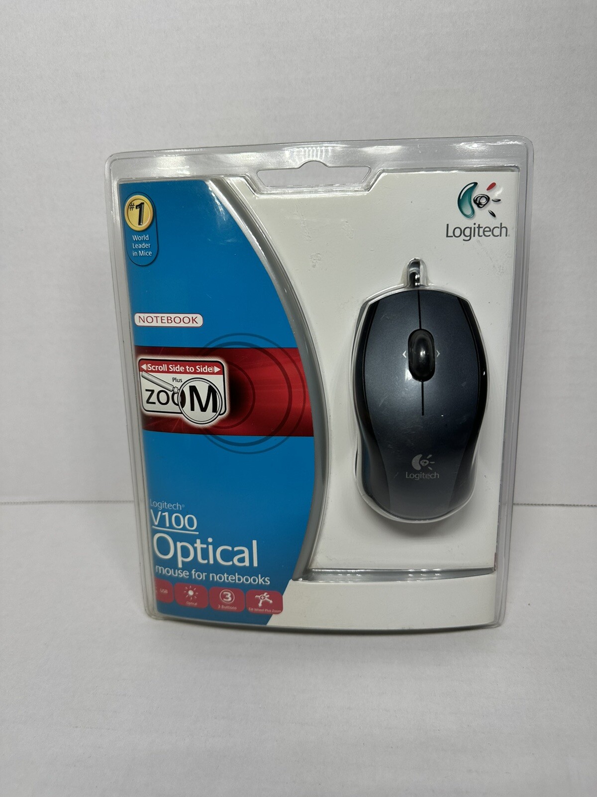 Logitech V100 3-Button USB Optical Mouse Tilt Wheel Plus Zoom NIP Sealed