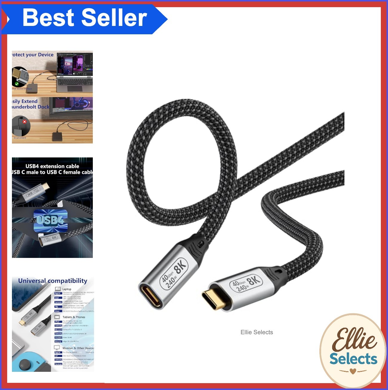 USB4 Extension Cable 6.6ft USB-C Female to Male 40Gbps 8K 240W Charging