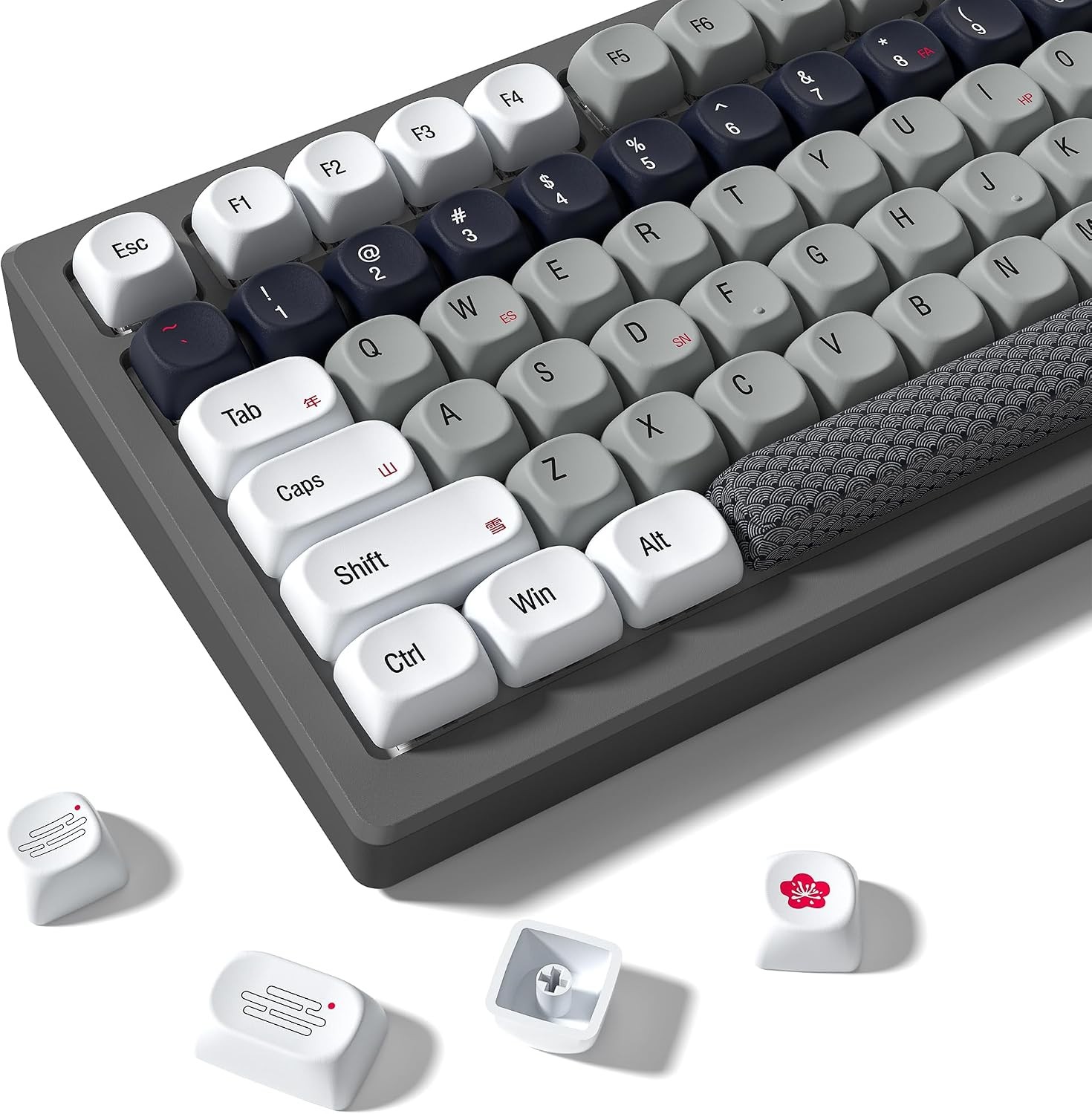 MOA Profile PBT Keycaps,132 Keys Janese Style Gray White Red Keycap Set, Dye-Sub