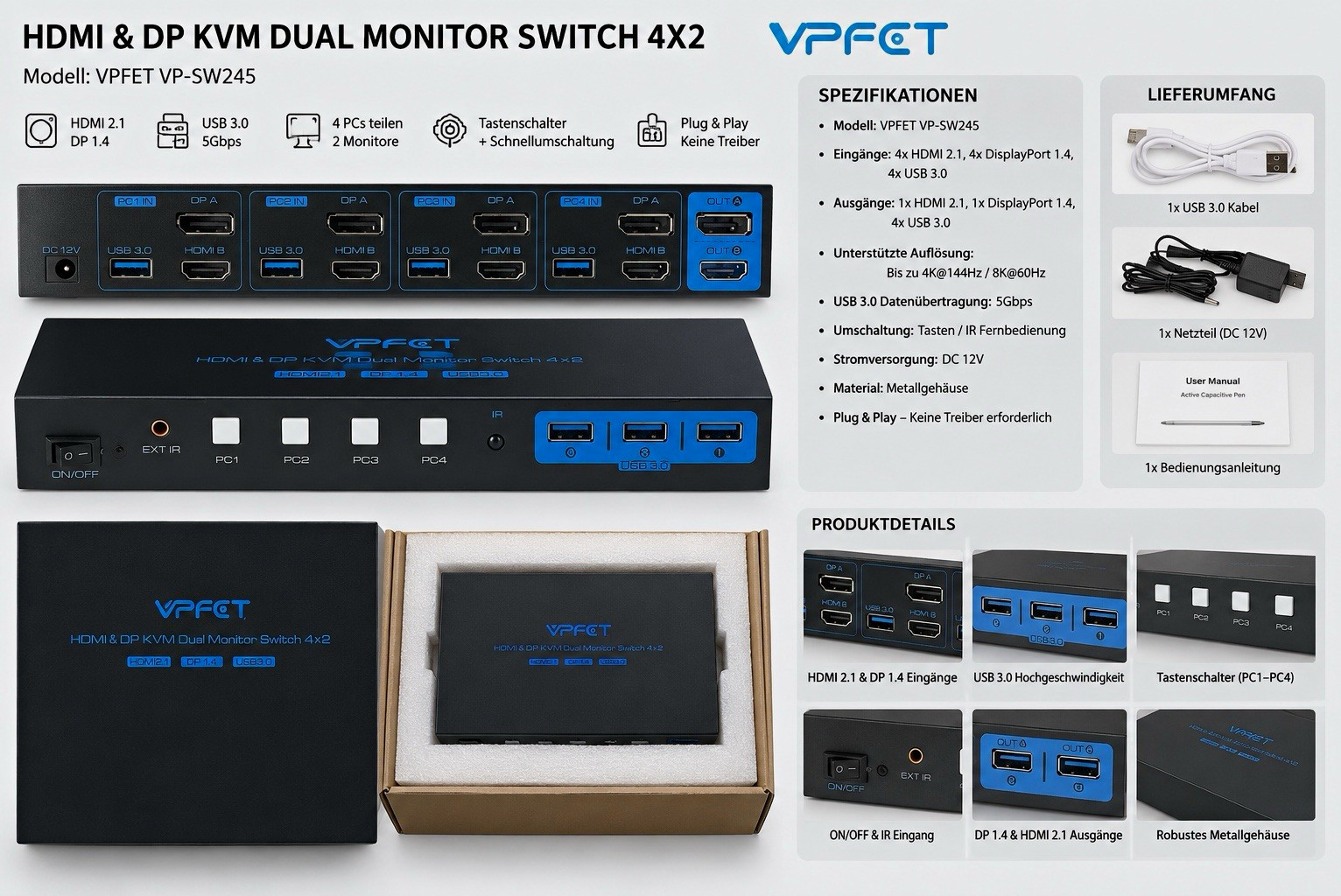 VPFET VP-SW245 KVM Switch Dual Monitor 4x2 HDMI 2.1 DP 1.4 USB 3.0