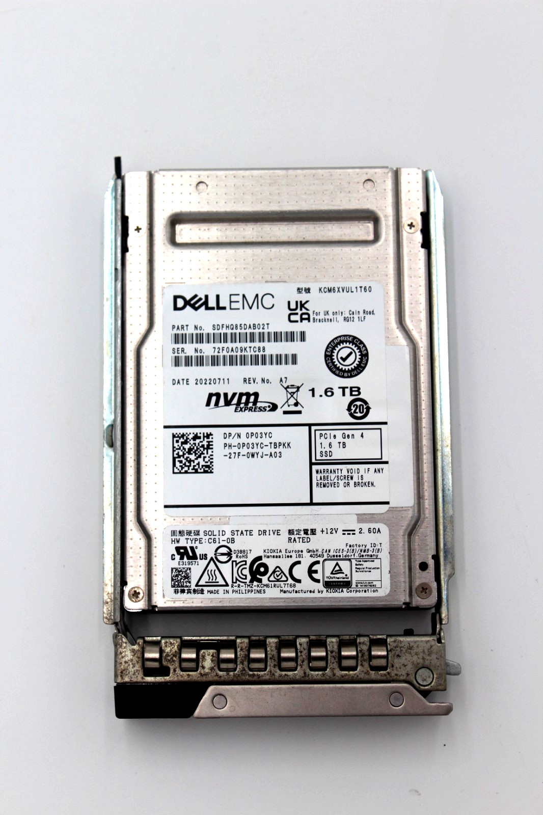 Dell P03YC   1.6TB Gen4 U.2 SFF (2.5-inch) NVMe Mixed Use Solid State Drive