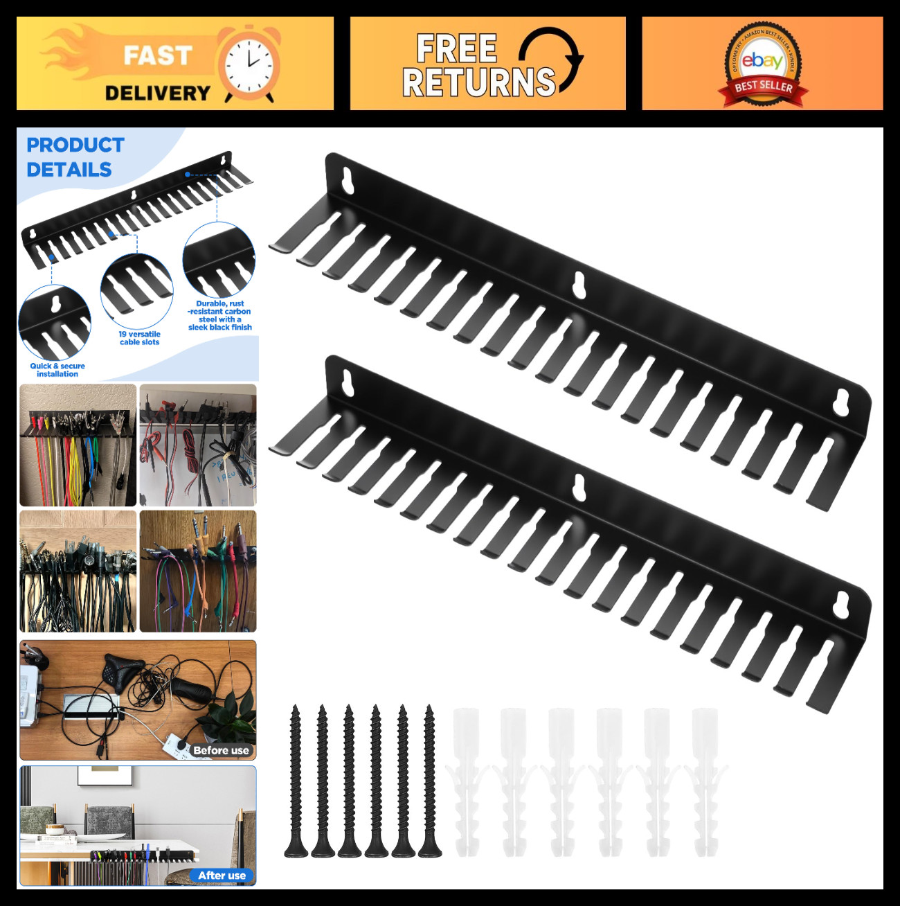 Heavy-Duty Wall Mount Cable Hanger - 2 Pcs Cord Organizer with 19 Slots, Black