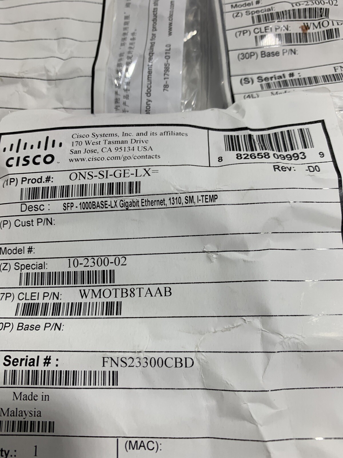 Cisco ONS-SI-GE-LX Gigabit 1310 Single Mode Fiber Module New