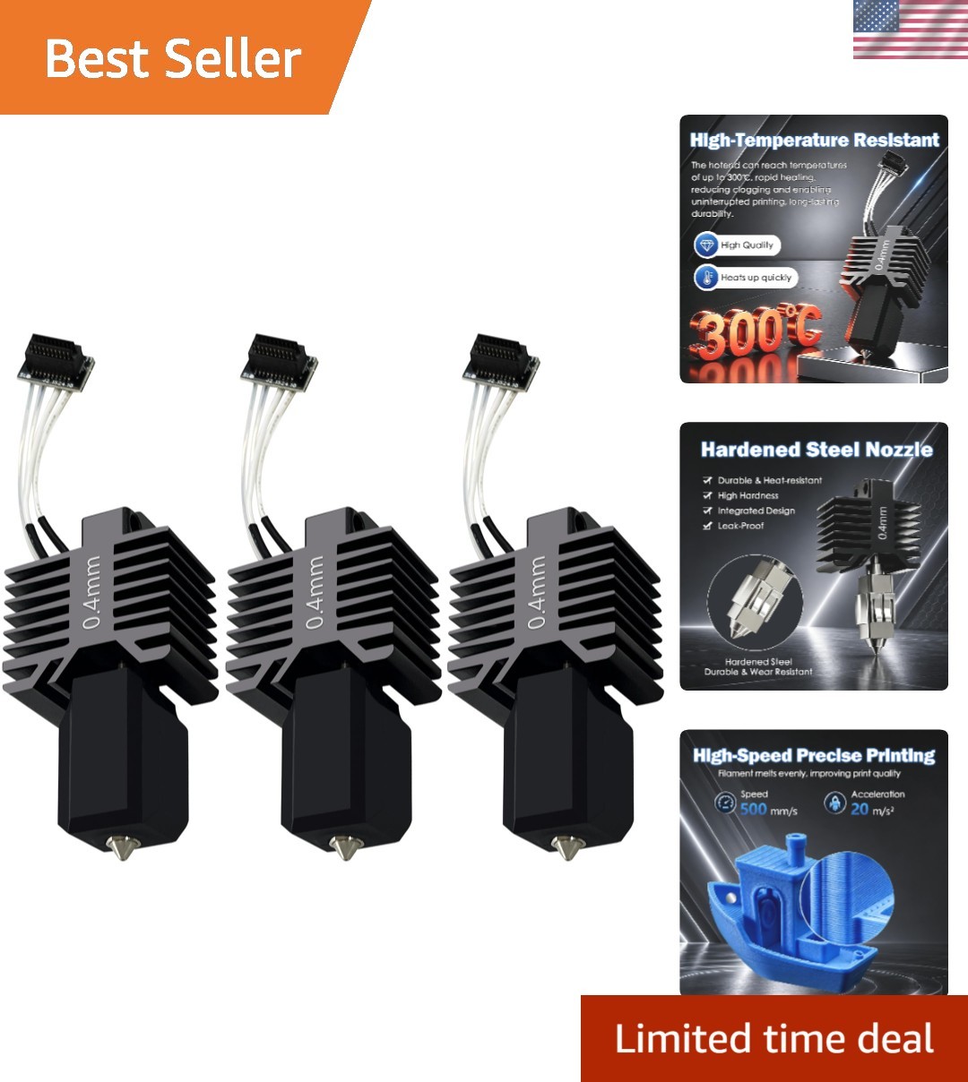 3 PCS P1S/P1P 0.4MM Upgraded Integrated Hotend Kit Hardened Steel Nozzle