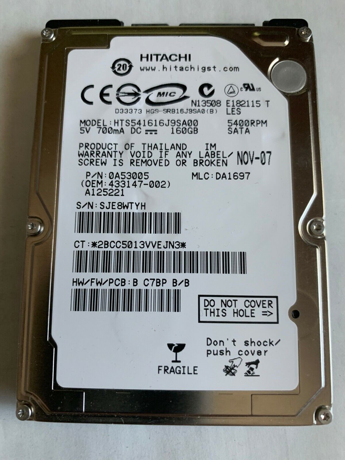 Hitachi HTS541616J9SA00 160GB Internal 5400RPM 2.5" PC / Laptop / Notebook / DR