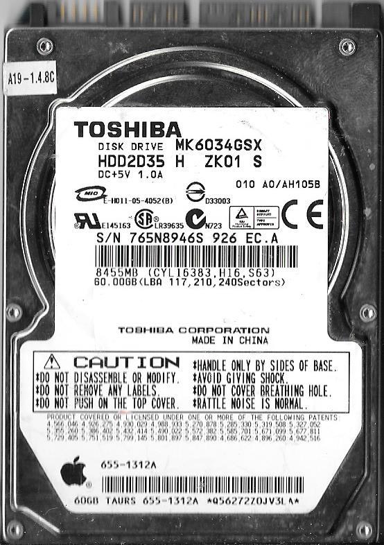 TOSHIBA MK6034GSX HDD2D35 H ZK01 S 60GB SATA HARD DRIVE