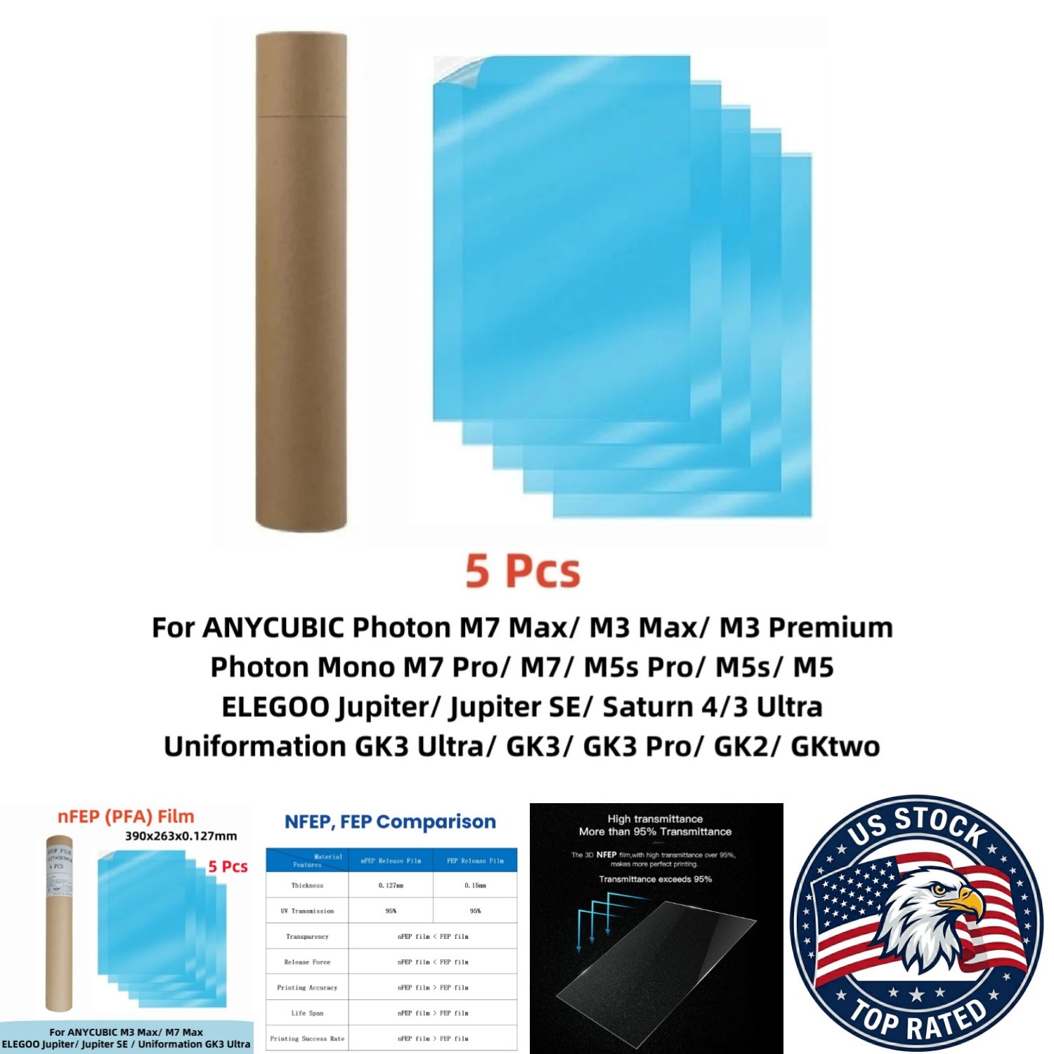 13" NFEP Film for ANYCUBIC Photon M3 Max, ELEGOO - 390x260x0.127mm / 5pcs