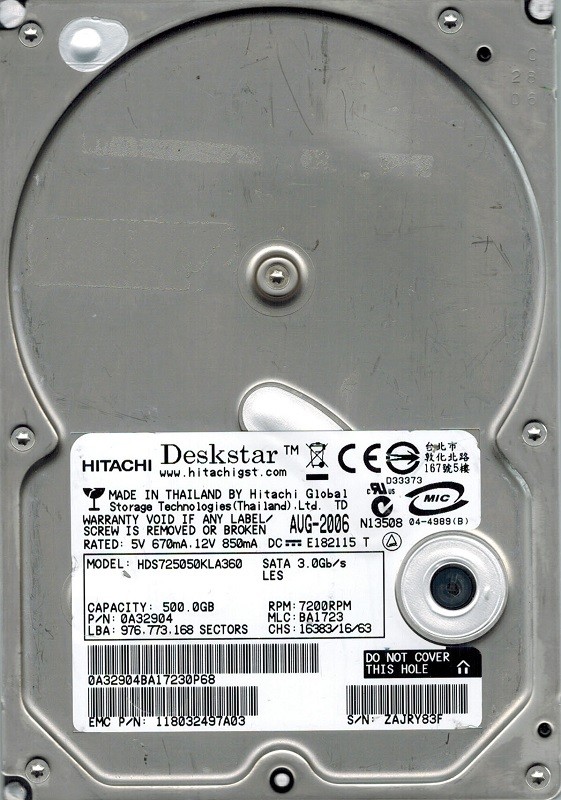 Hitachi HDS725050KLA360 P/N: 0A32904 MLC: BA1723 500GB