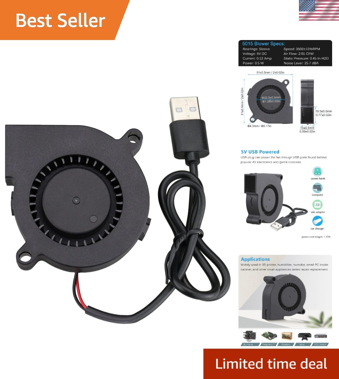 50mm 5V USB Blower Fan - Lightweight Cooling for Narrow Spaces and DIY Projects