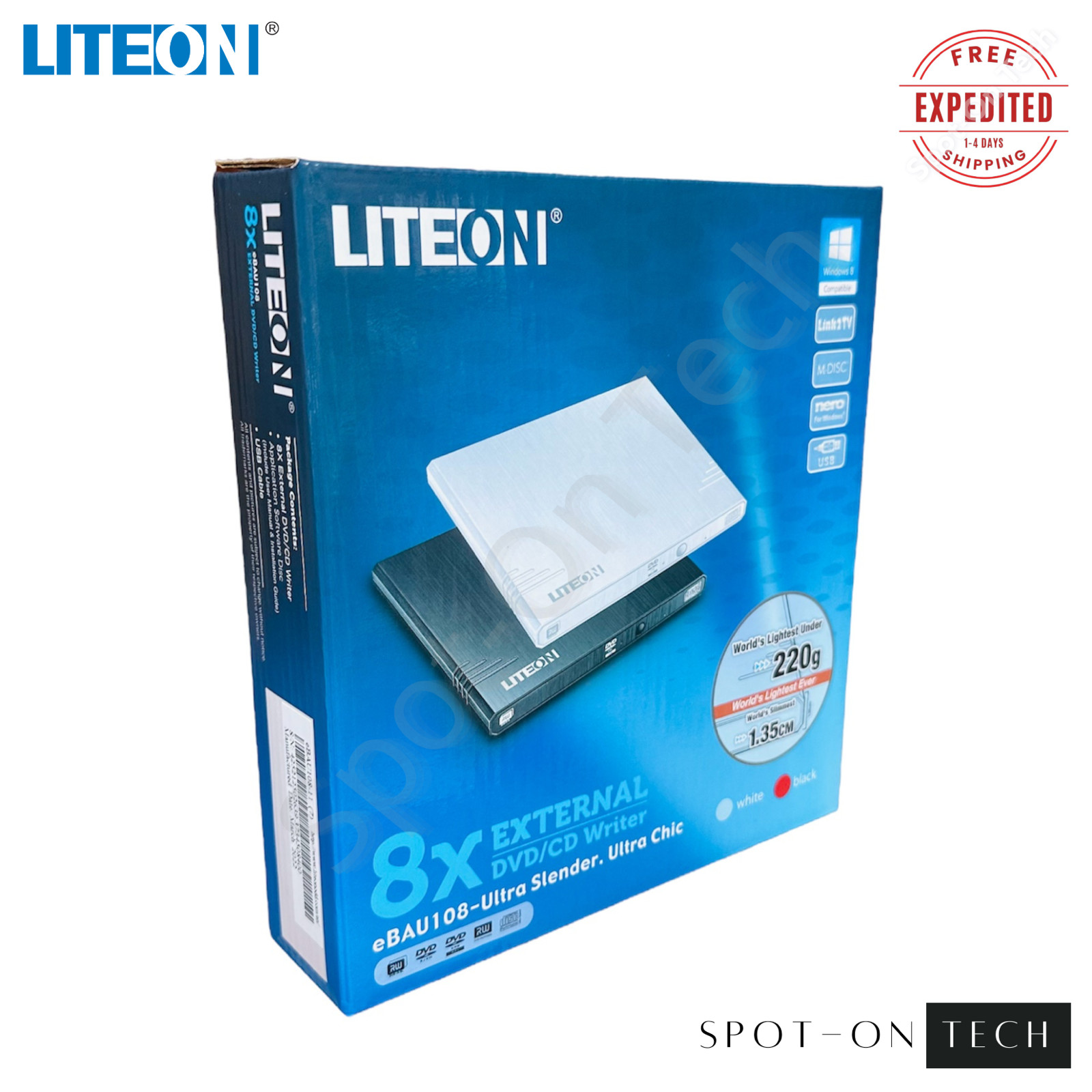LITE-ON 8x External DVD/CD Writer Drive Black eBAU108 Ultra Slender M-Disc 2022