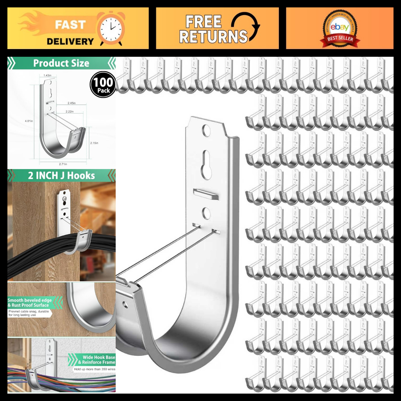 100 Pack 2" J Hook Cable Support Wall Mount with Retainer Clip - Galvanized Stee