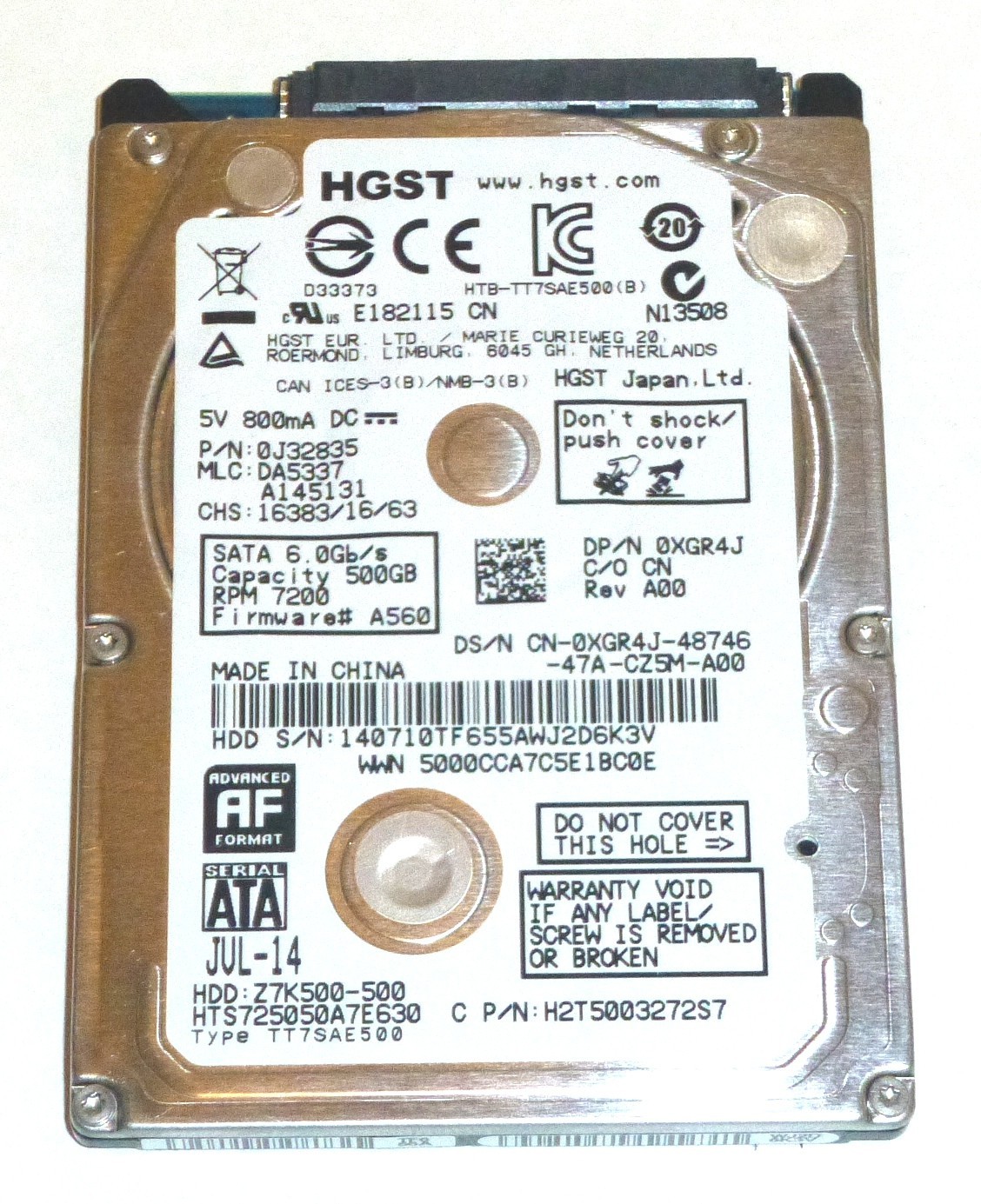 HGST Z7K500-500 HTS725050A7E630 500GB Sata Hard Drive P/N: 0J32835 MLC: DA5337