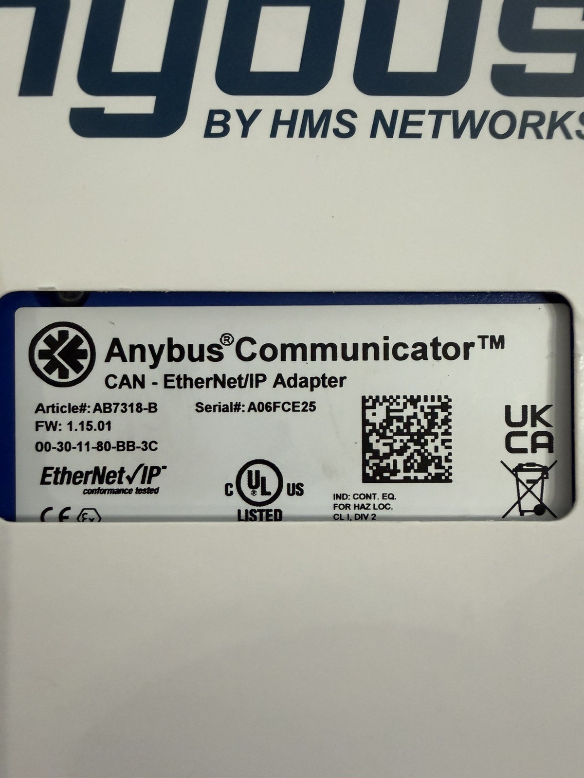HMS Networks Anybus AB7318-B Communicator CAN-EtherNet/IP Adapter FW 1.15.01 