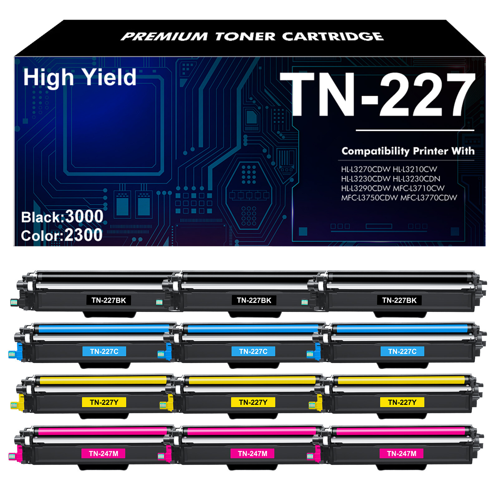 Set of 12PK TN227 B/C/M/Y Toner Compatible with Brother MFC-L3770CDW HL-L3270CDW