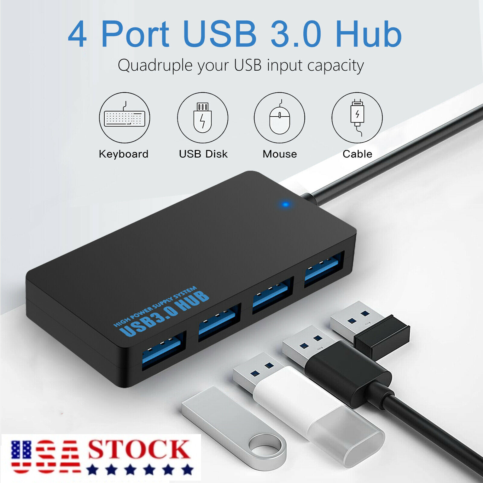 4-Port USB 3.0 Hub 5Gbps Portable Compact for PC Mac Laptop Notebook Desktop