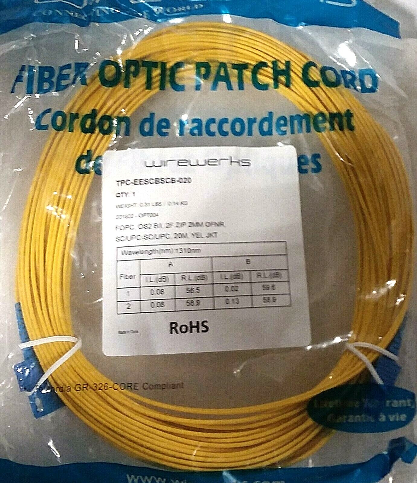Wirewerks FOPC, OS2 B/I 2F Zip Ofnr, SC/UPC-SC/UPC, 20m; Part #TPC-EESCBSCB-020