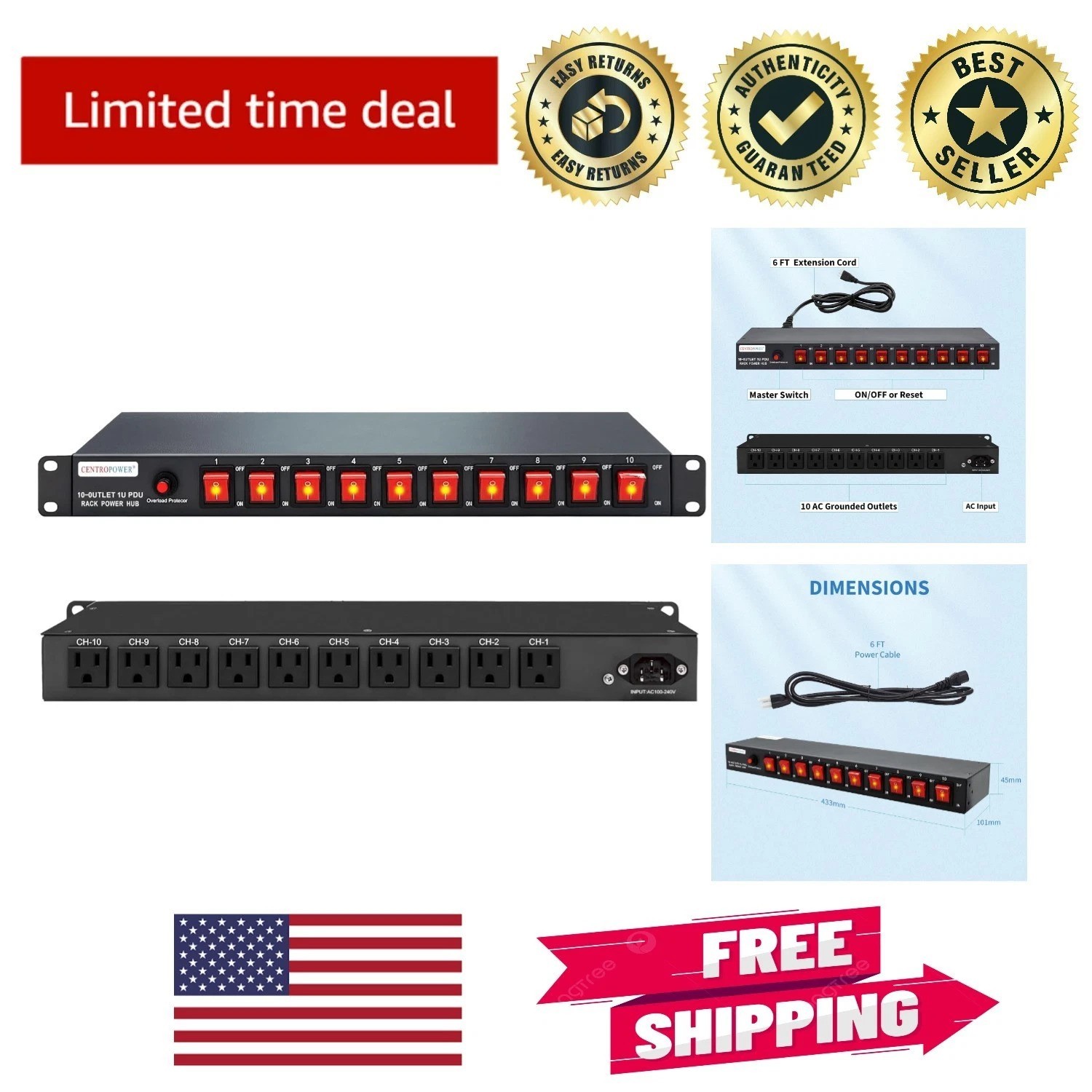Industrial 1U Rack PDU - 10 NEMA 5-15R Outlets & Use-Ready with Surge Defense