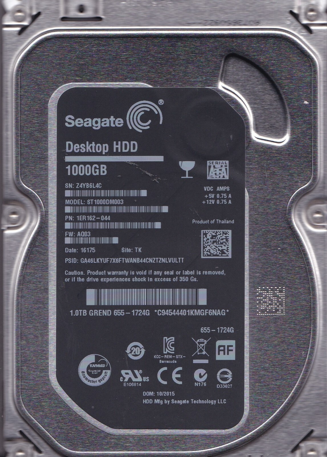 ST1000DM003 p/n: 1ER162-044 fw:AQ04 TK s/n: Z4Y 1TB SATA SEAGATE Apple 655-1724G
