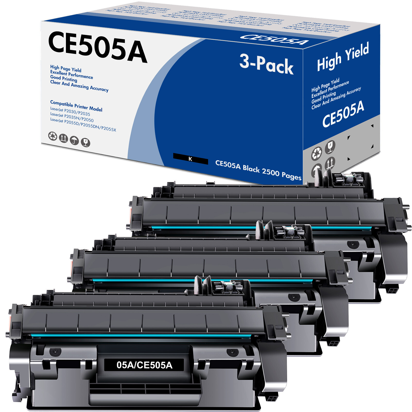 3PK CE505A Toner Cartridge for HP 05A Black LaserJet P2035 P2055N P2055X Printer