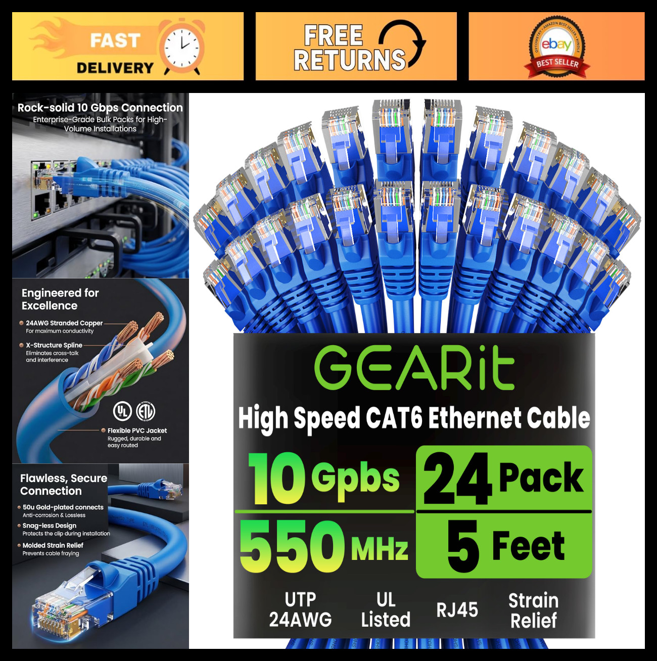 High-Speed Cat 6 Ethernet Patch Cable 5ft - 24-Pack, 10Gbps RJ45 Snagless, Ideal