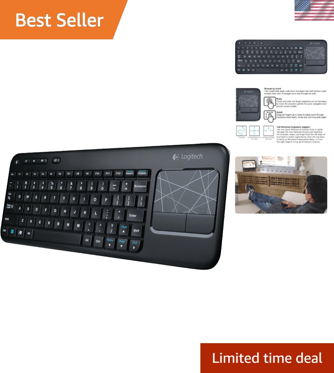 Wireless Touch Keyboard K400 with Multi-Touch Pad - 33ft Range, Easy Navigation