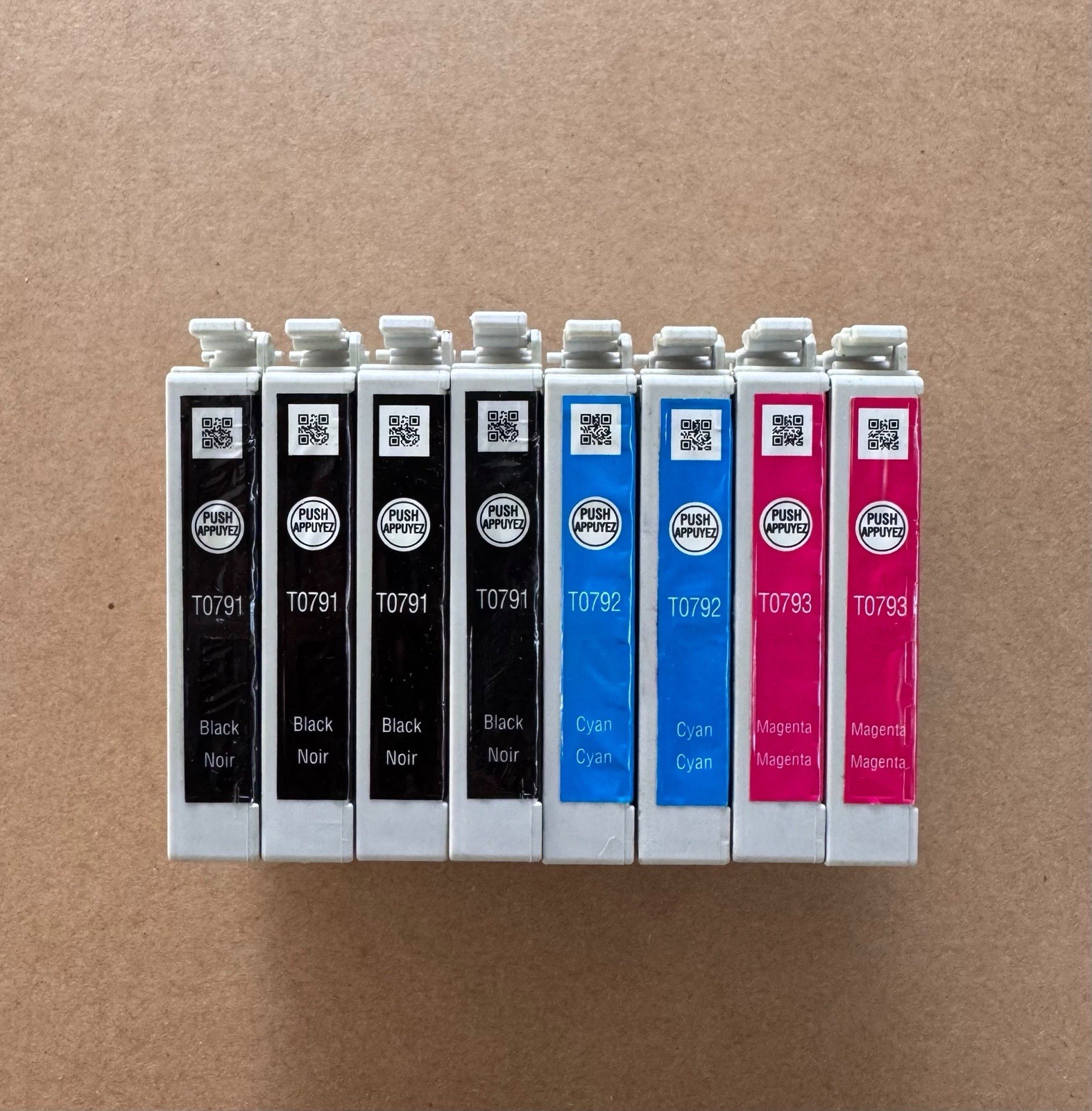 Set of 7 Epson 79 inks. No bags, nozzle seals and air vents are intact.