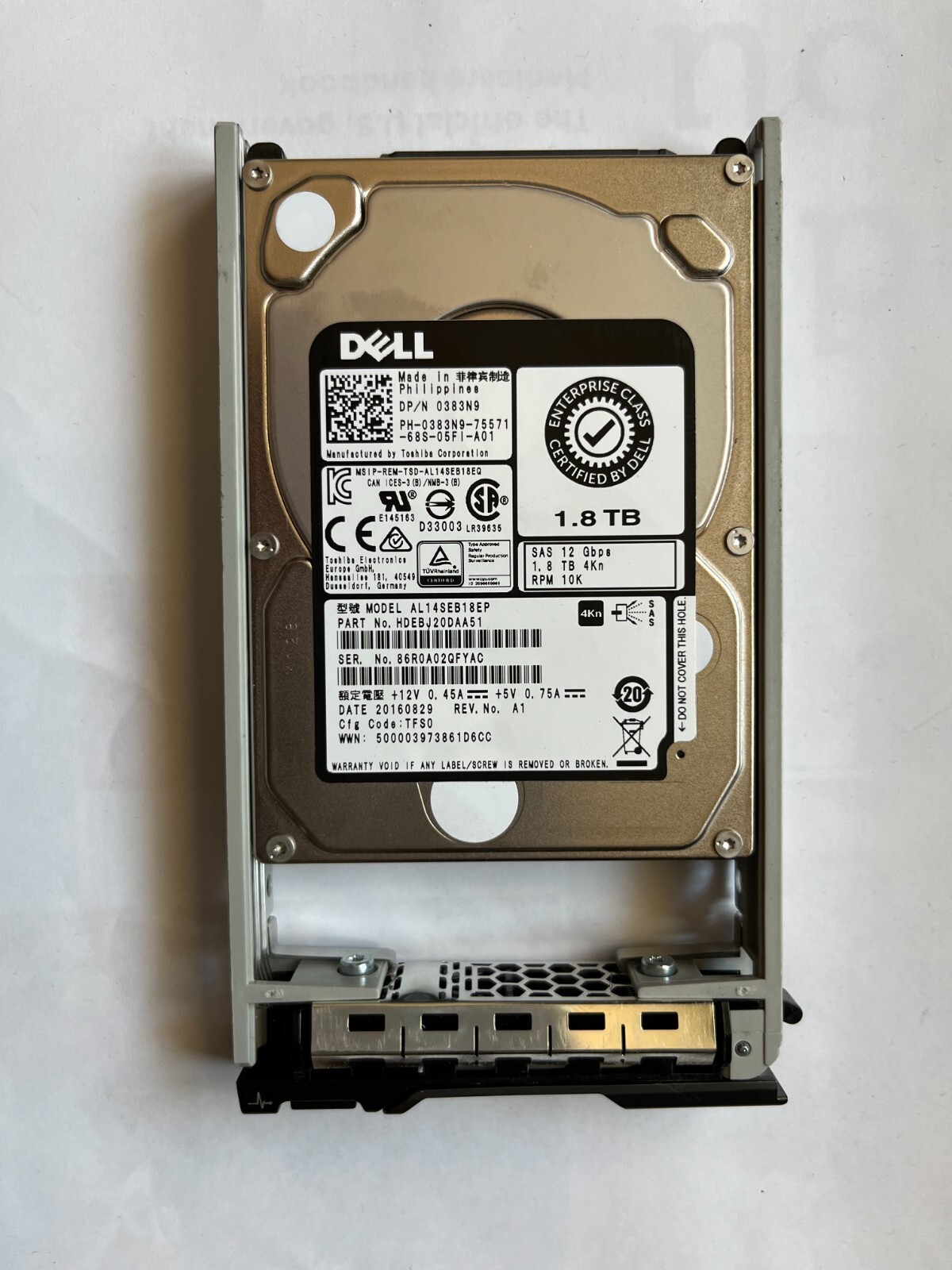 383N9 Dell Toshiba AL14SEB18EP 1.8TB SAS 10K 12GBPS 4Kn 2.5" Hard Drive 0383N9