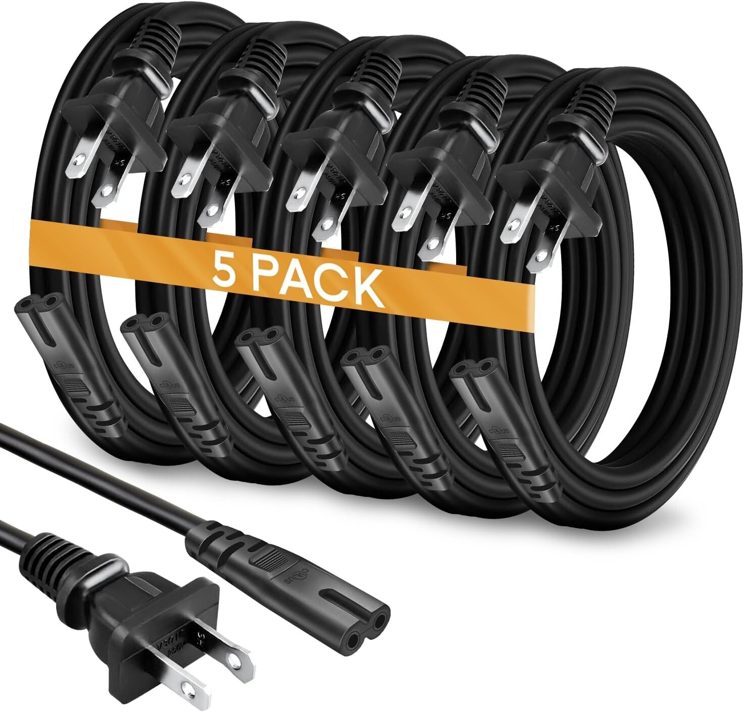 5 Pack TV Power Cord 10ft for TV Replacement TV Power Cable 2 Prong Black