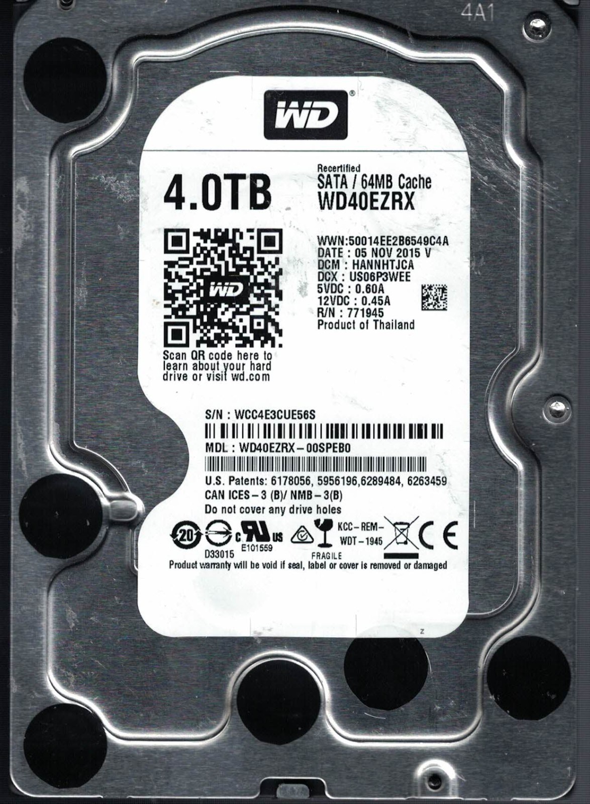 Western Digital WD40EZRX-00SPEB0	05 Nov 2015 DCM HANNHTJCAB