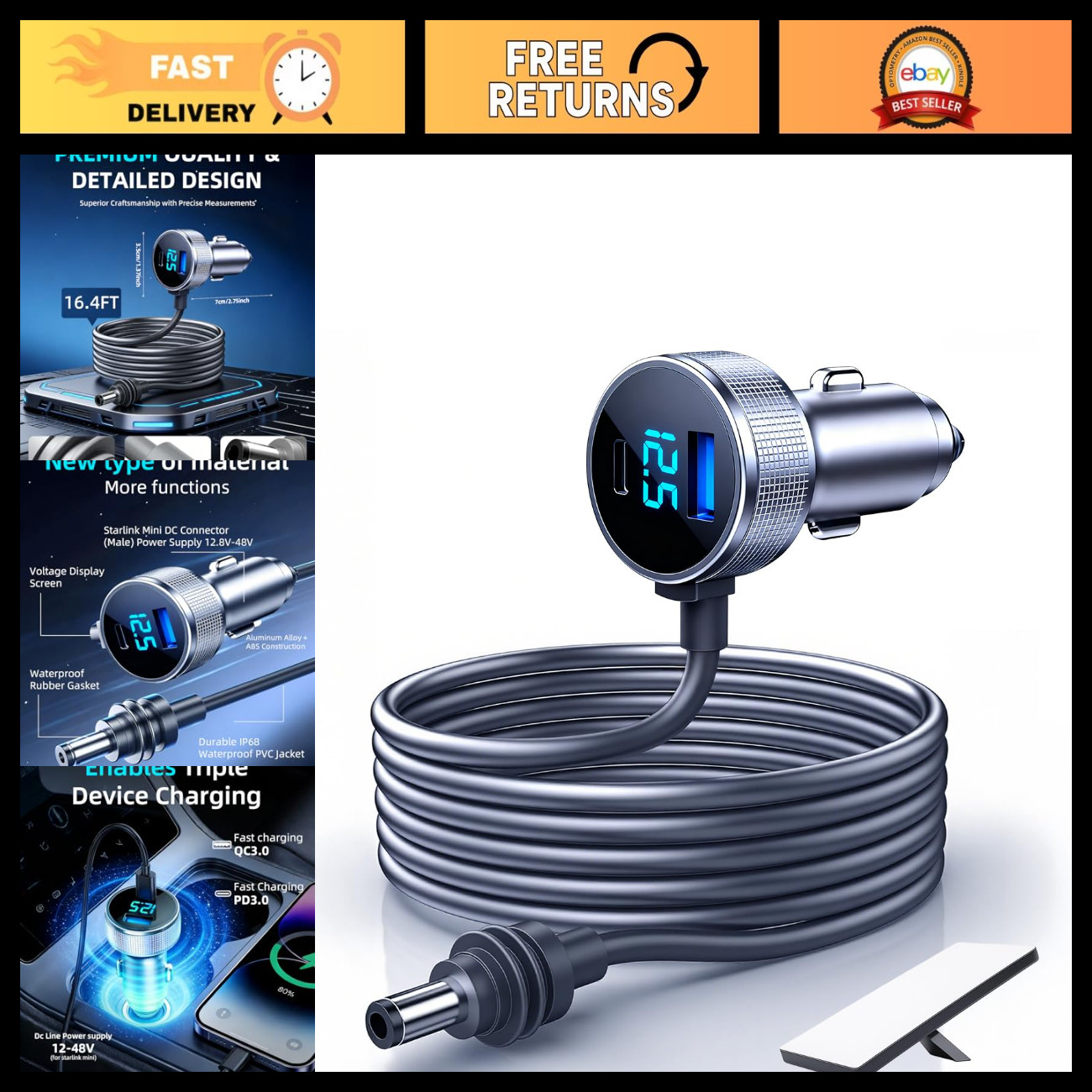Mini Car Adapter for Starlink, 16.4FT Power Cable, 12V-24V, RV & Vehicle Use