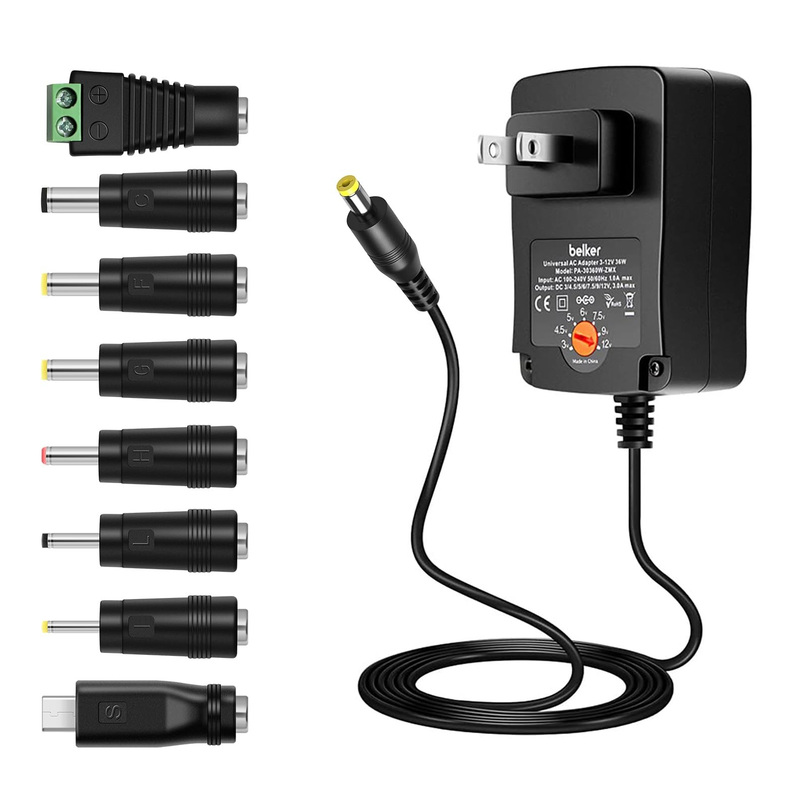 Belker 36W Universal 3V 4.5V 5V 6V 7.5V 9V 12V AC DC Adapter with 8 Tips 30W