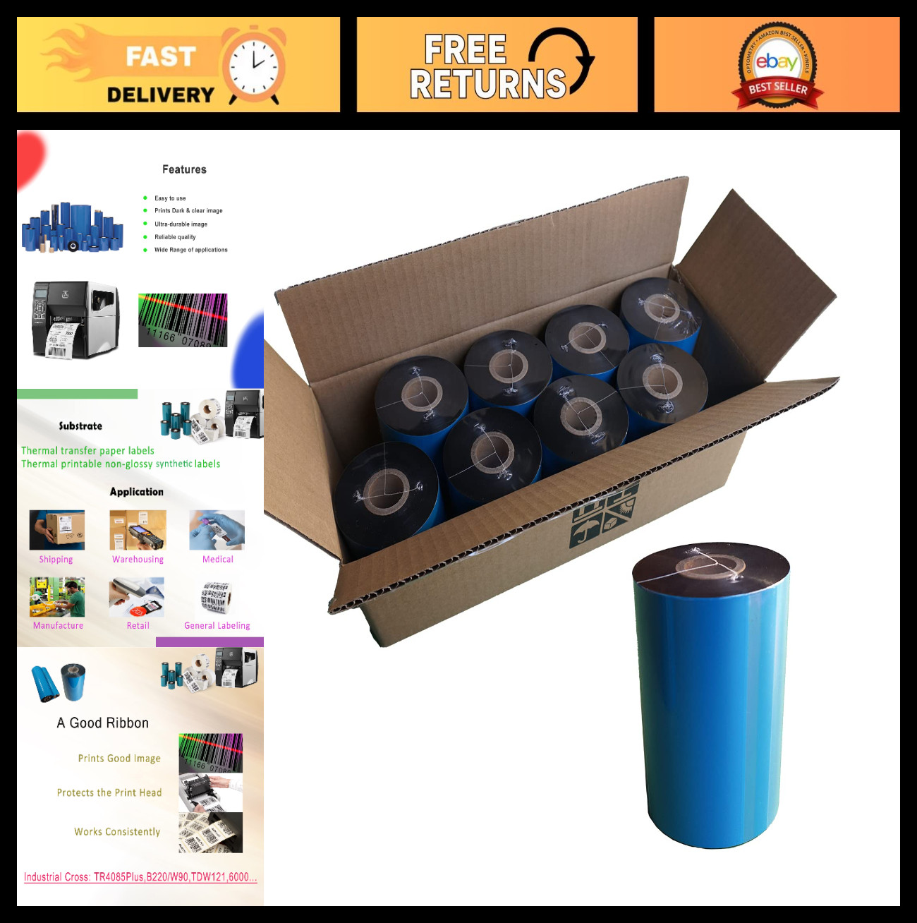 Premium Thermal Transfer Ribbon 8 Rolls 4.33" x 1476' Black Wax for Barcode Prin